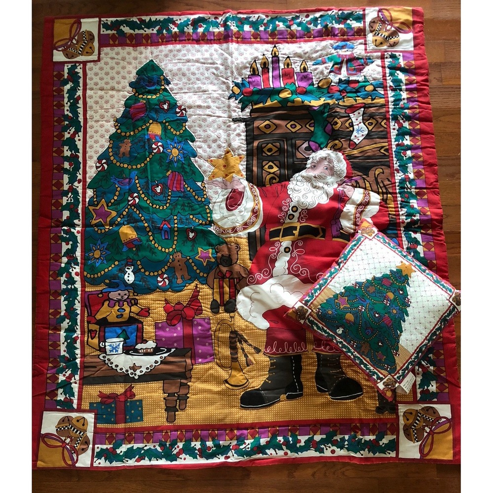 Vintage Christmas Lap Quilt & Pillow Santa Tree Gifts Hand Stitched  50x60 Read